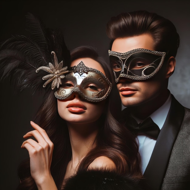 Man and woman in masquerade masks on dark background