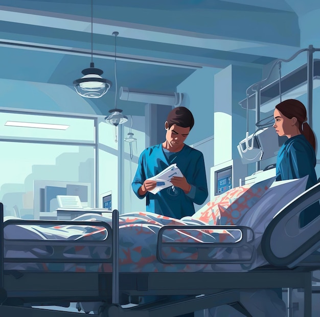 A man and a woman nurse in a hospital room reading a paper