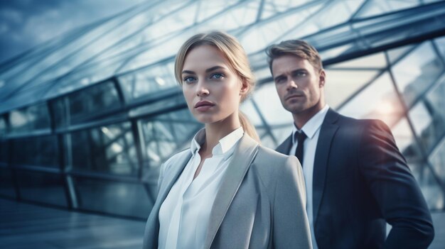 Photo man and woman office workers in suits stand against background of modern office building business managers leaders real estate sales