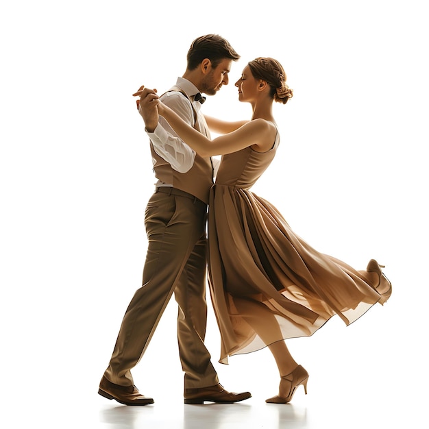 man and woman in pairs learning to dance waltz in modern studio isolated on white background