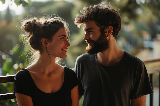 a man and woman in a park with the words quot love quot on the face