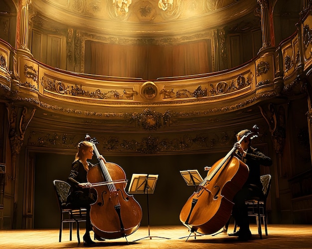 a man and woman playing cello in a room with a piano and a piano