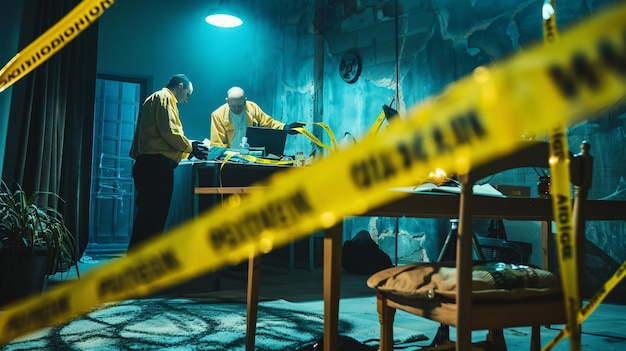 a man and a woman playing a game of table tennis with a yellow caution tape around them