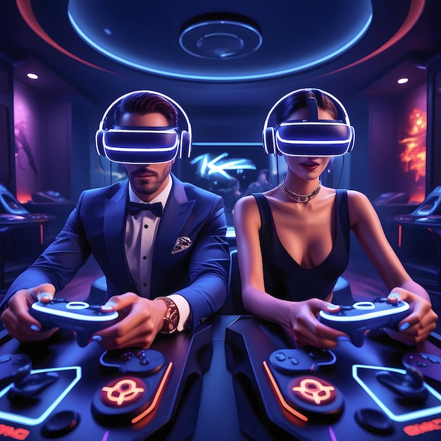 Man and woman playing game using virtual reality headset and gamepads