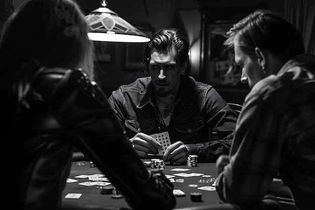 Photo a man and woman playing poker at a table with a man playing poker