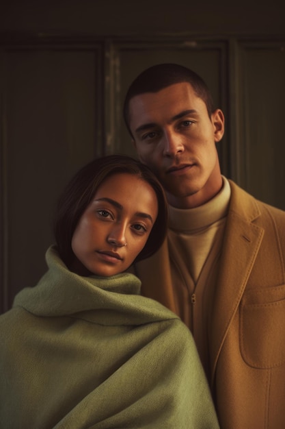 A man and a woman pose in front of a green wall