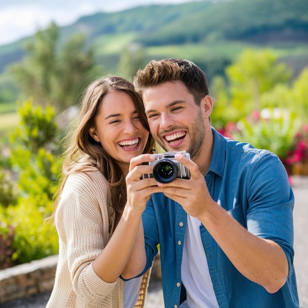 a man and woman pose for a photo with a camera