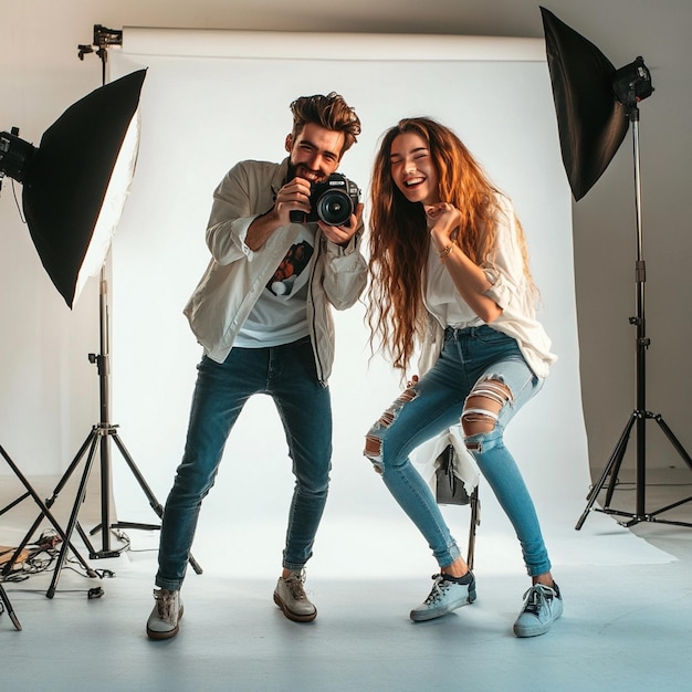 Photo a man and woman pose for a photo with a camera