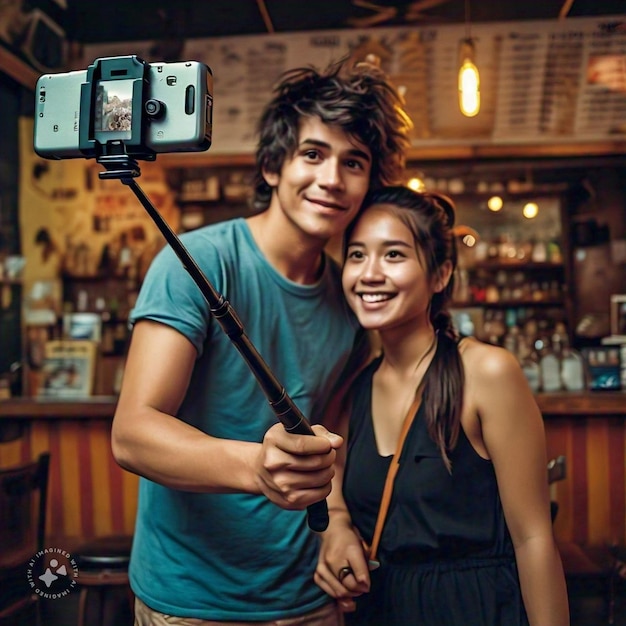 Photo a man and a woman pose for a photo with a camera