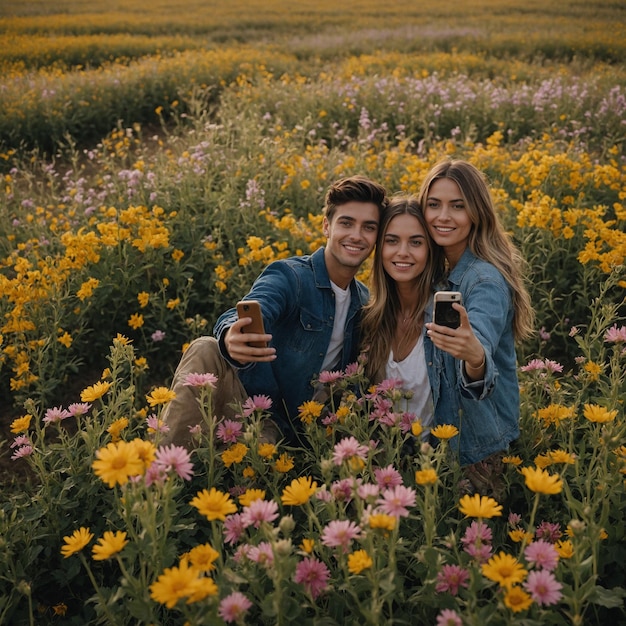 Photo a man and woman pose for a picture in a field of flowers