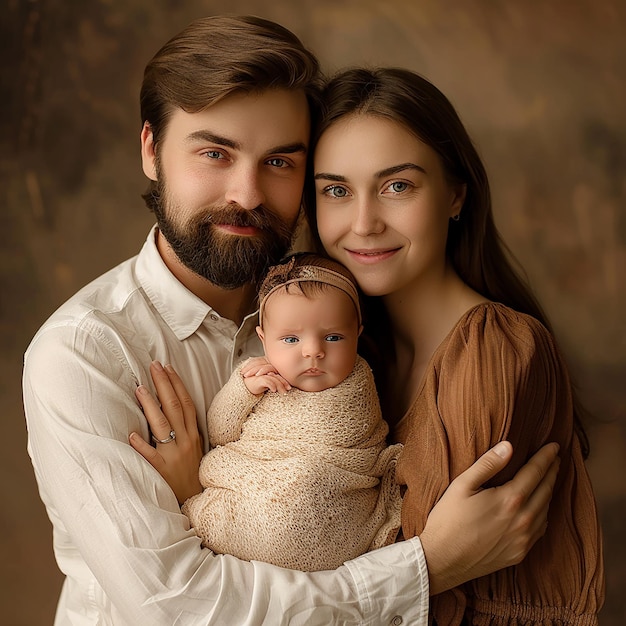 a man and a woman pose for a picture with a baby