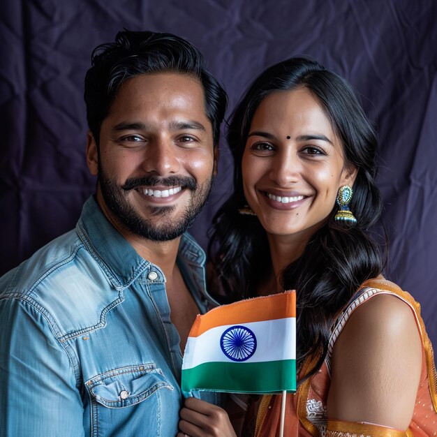 a man and woman pose for a picture with the flag on it