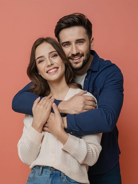 a man and woman pose for a picture with a pink background