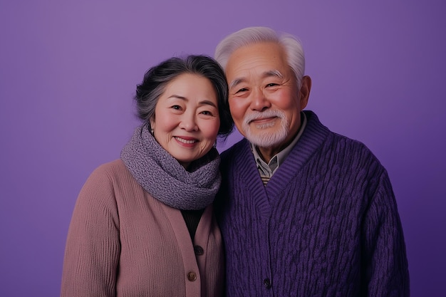 Photo a man and woman pose for a picture with a purple background