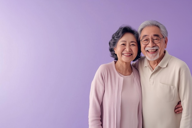 Photo a man and woman pose for a picture with a purple background