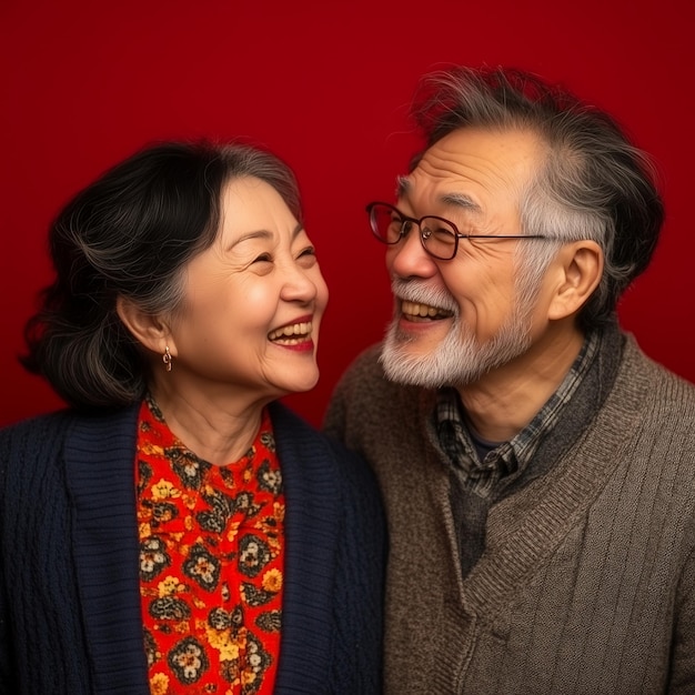 Photo a man and woman pose for a picture with a red background