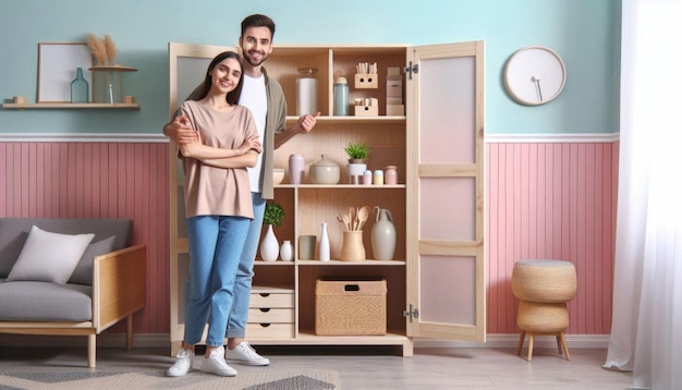 Photo a man and woman posing in front of a shelf with vases and a clock