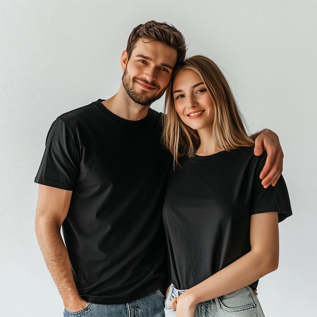 a man and a woman posing for a photo with the words the word on the back of them