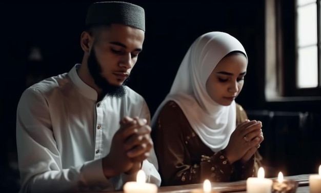 Photo a man and a woman praying together with candles in the background