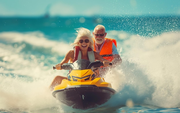 Photo a man and a woman ride a yellow jet ski on a wave