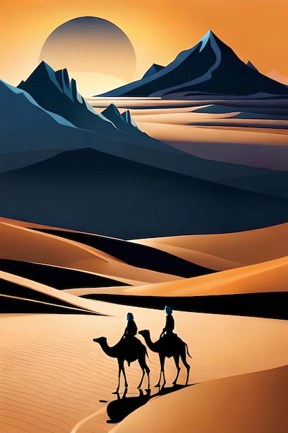 A man and a woman riding camels in the desert.