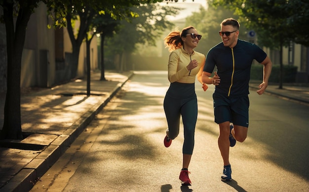 a man and woman running down a street with a woman running