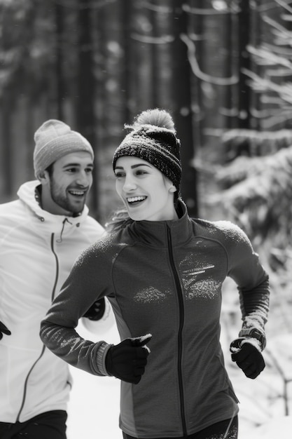 A man and a woman running in the snow