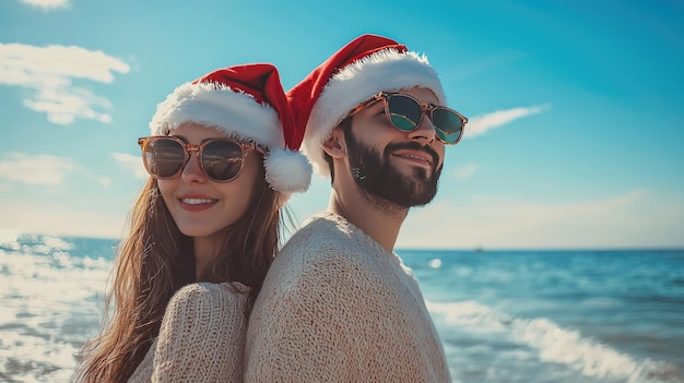 Photo a man and a woman in santa claus hats on the background of the ocean selective focus