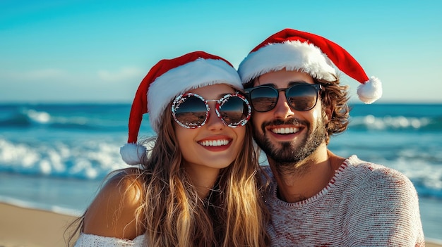 Photo a man and a woman in santa claus hats on the background of the ocean selective focus