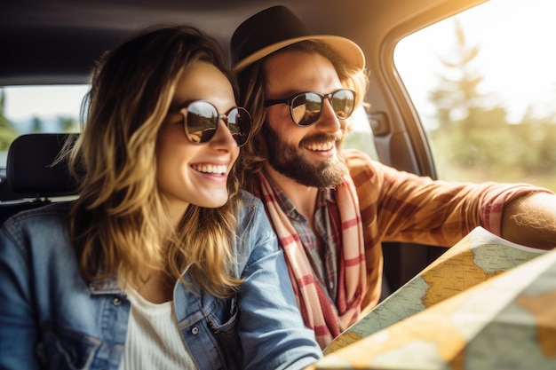 A man and woman seated in a car studying a map for directions and navigation Happy young couple looking at the map and smiling on a roadtrip for directions AI Generated