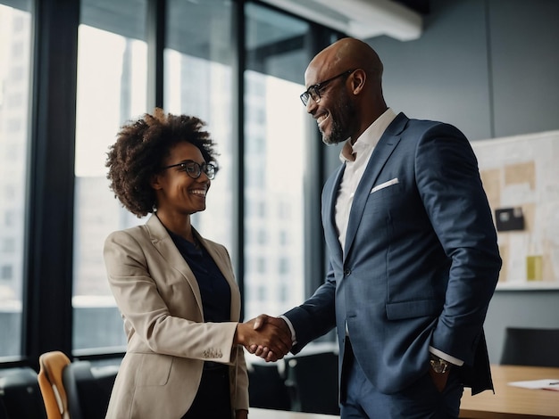 a man and woman shaking hands both wearing glasses the woman in the background is wearing a white sh