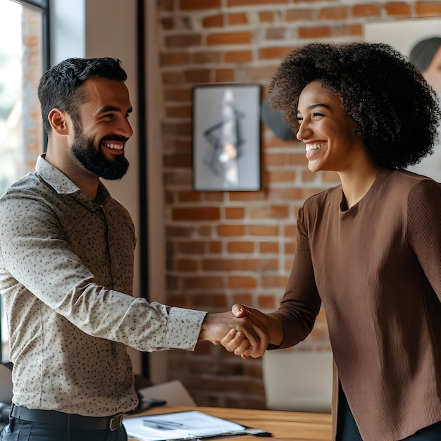 a man and woman shaking hands in front of a brick wall