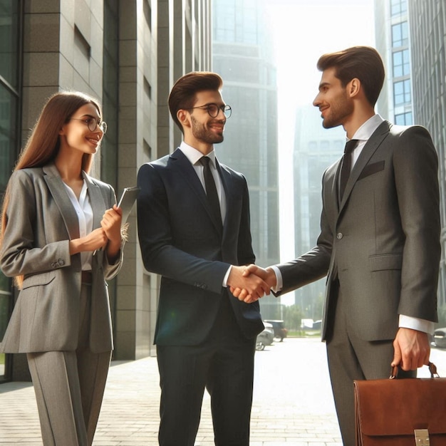 a man and woman shaking hands in front of a building