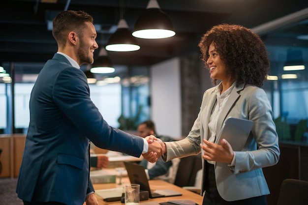 a man and woman shaking hands in an office