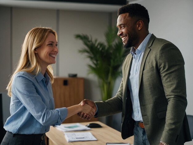 man and woman shaking hands and smiling