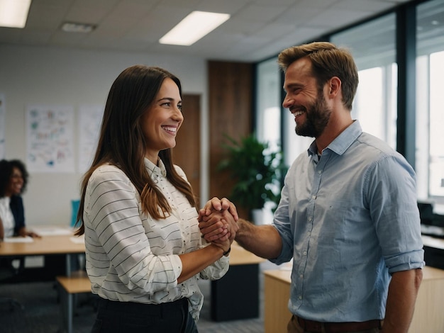 man and woman shaking hands and smiling