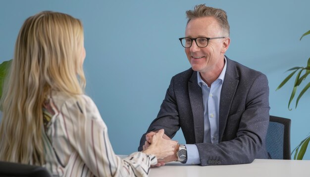 a man and woman shaking hands with a woman shaking hands