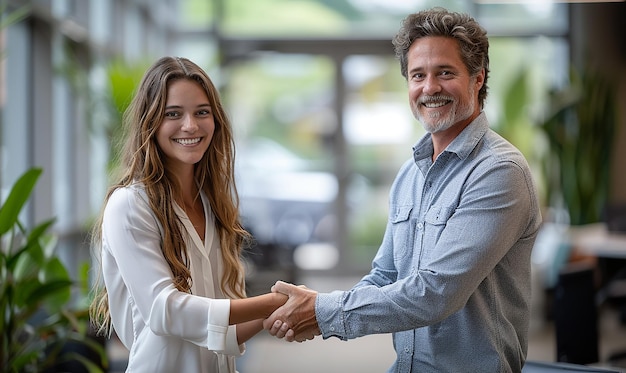 Photo a man and woman shaking hands with a woman