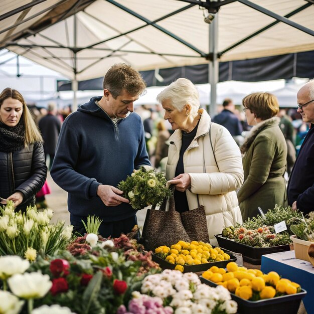 Photo a man and woman shopping for vegetables at a farmers market