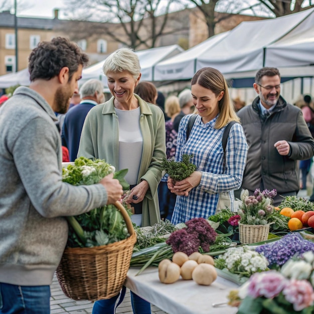 Photo a man and woman shopping for vegetables at a farmers market