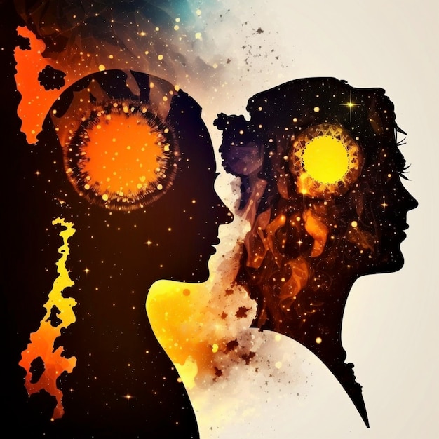 Man and woman silhouettes at abstract cosmic background