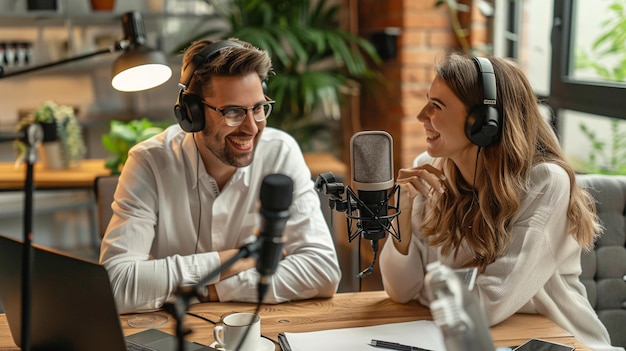 a man and woman singing into a microphone with a man in a white shirt and glasses behind them