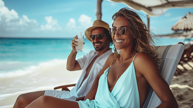 A man and a woman sit in a bar on the beach with a view of the ocean