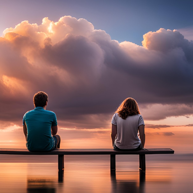 a man and a woman sit on a bench in front of a cloud that is behind them