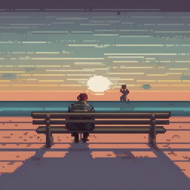 a man and a woman sit on a bench in front of a sunset