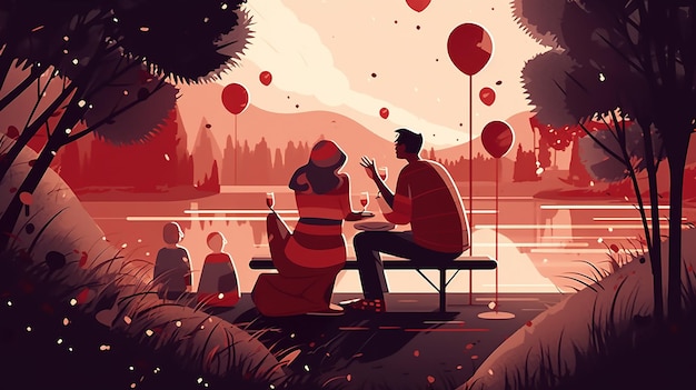 A man and woman sit on a bench in a park, with balloons in the background.