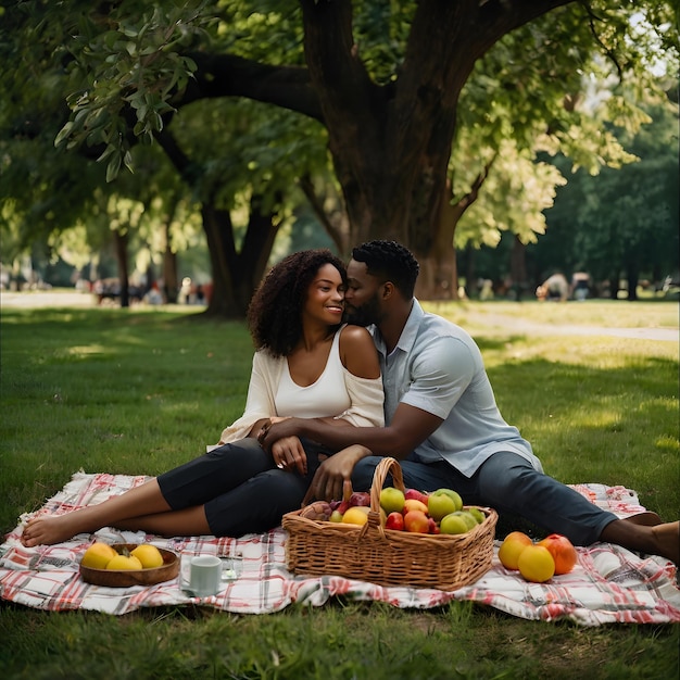 Photo a man and woman sit on a blanket with apples and pears