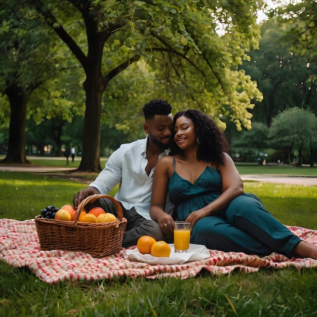 Photo a man and woman sit on a blanket with fruit and a basket of oranges