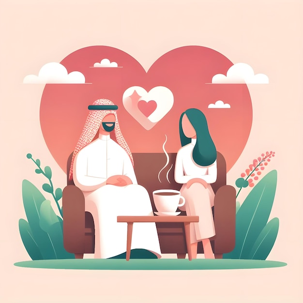 Photo a man and a woman sit on a couch in front of a heart with a heart behind them ai generator