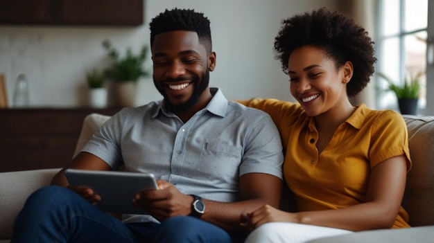 Photo a man and woman sit on a couch and look at a tablet that says  no